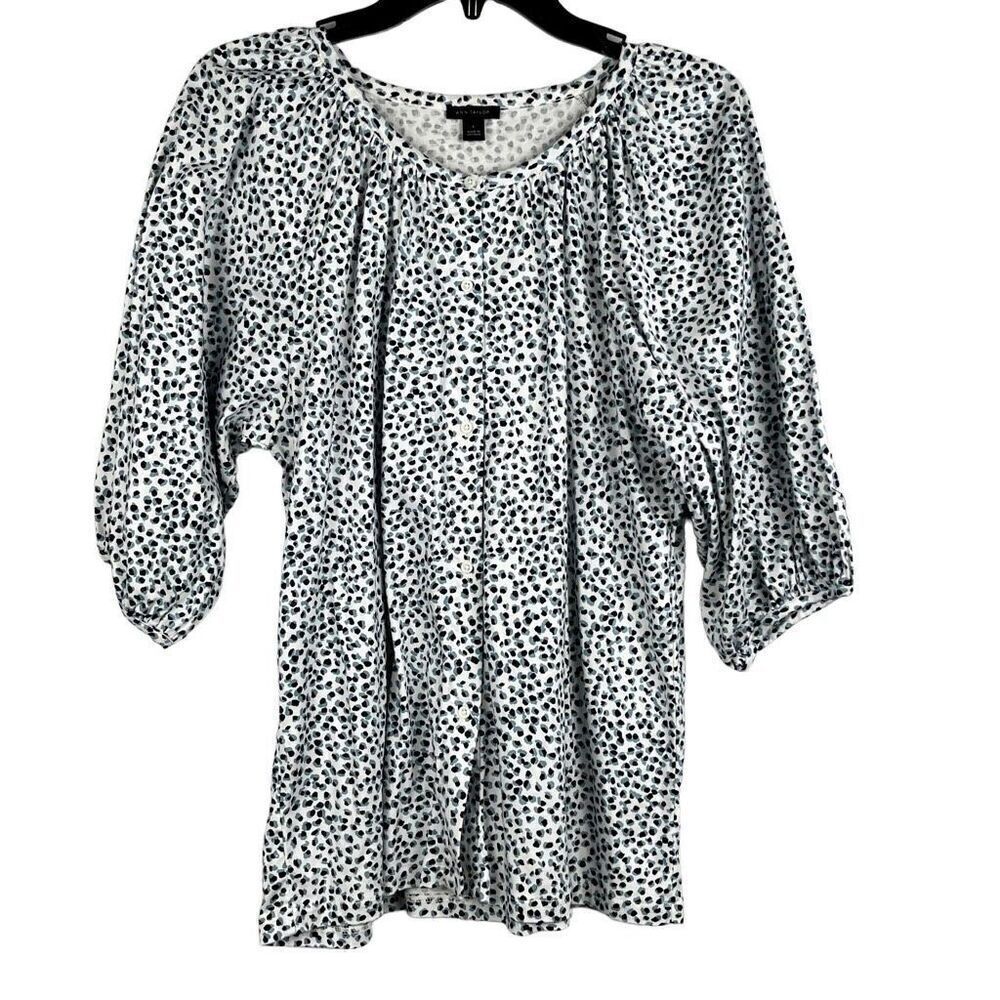 Ann Taylor Black Blue Spotted 3/4 Sleeve Top Large